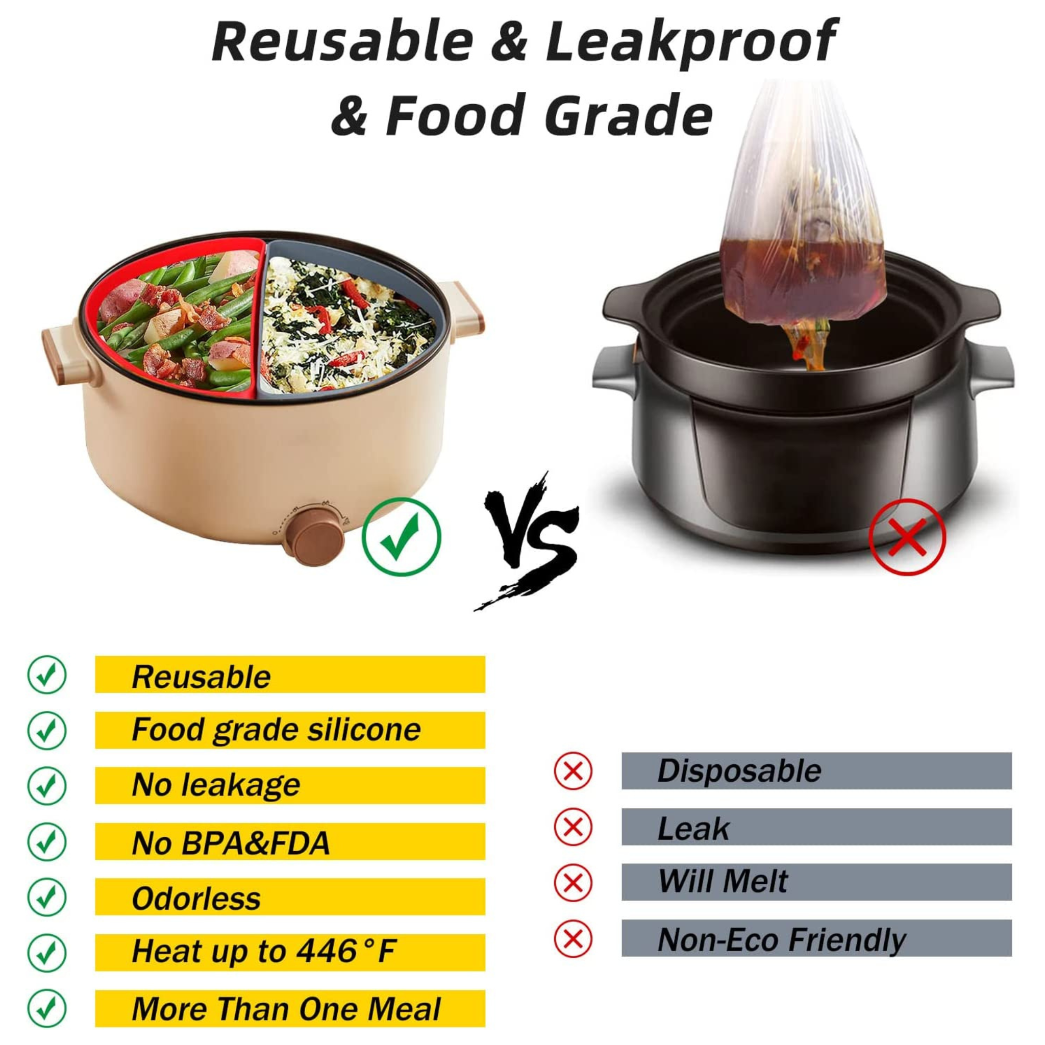 Slow Cooker Liners Compatible For CrockPot 6-7 Quart Oval Slow Cooker,  Silicone Divider Insert Reusable, Leak Proof, , Dishwasher Safe, Non-Stick